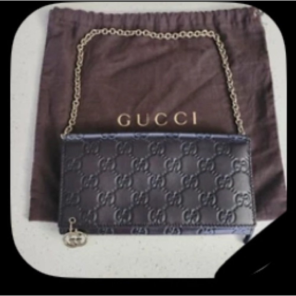 Gucci Brown Embossed Leather Clutch with Chain